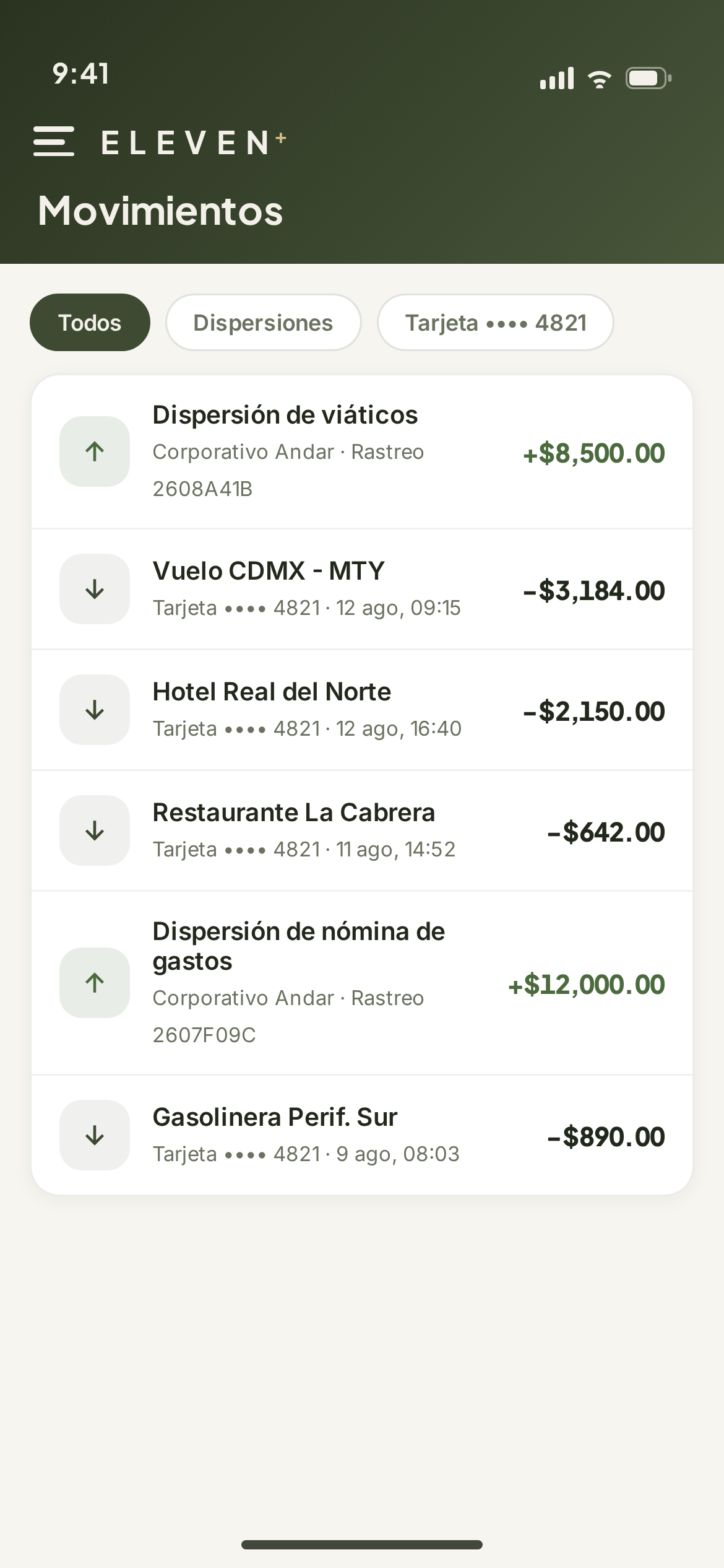 App Eleven Plus: movimientos con dispersiones de viáticos y compras de la tarjeta de crédito