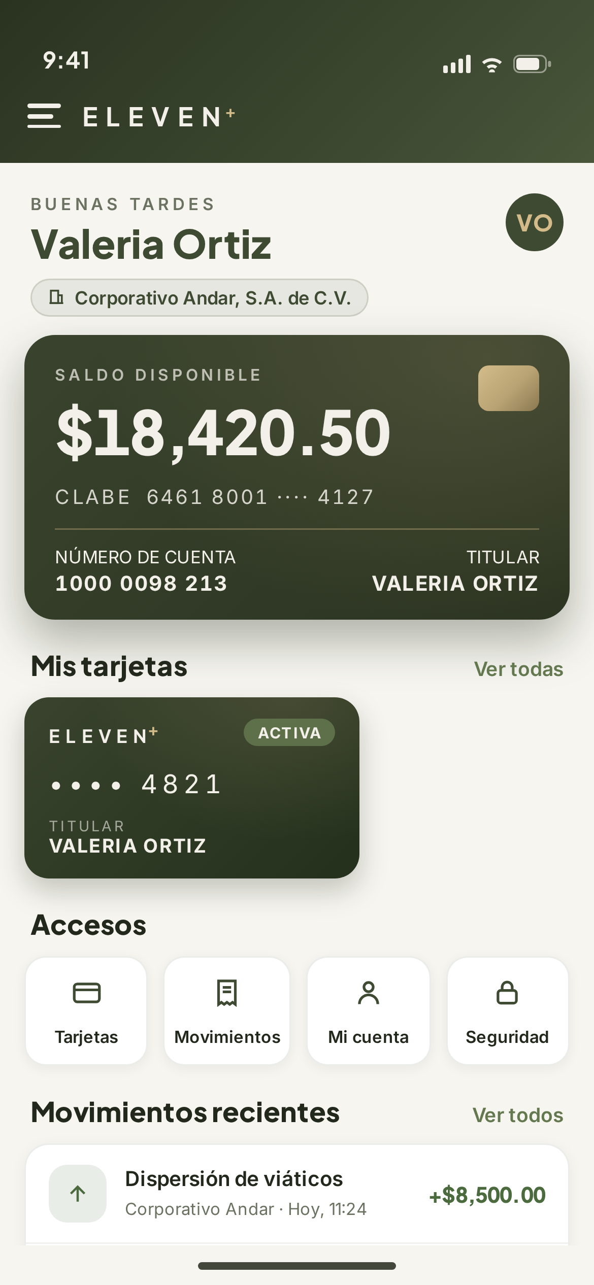 App Eleven Plus: panel de una colaboradora con el saldo dispersado por su empresa